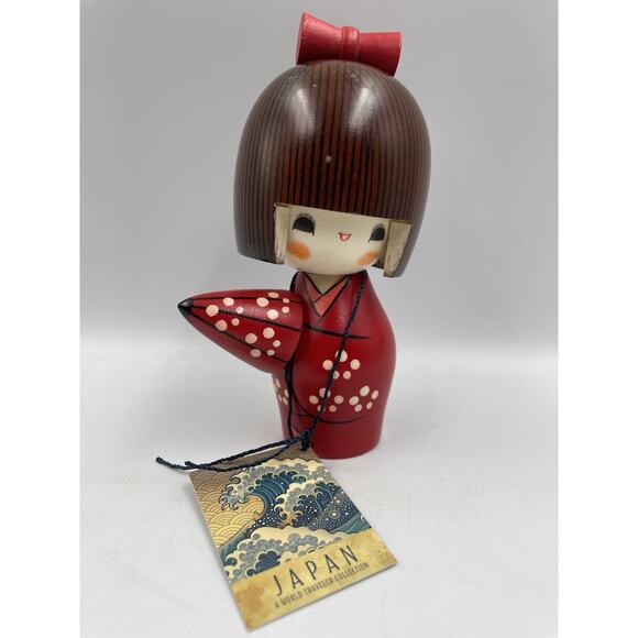 Japanese Kokeshi Wooden Doll 5.5"H Girl Red Kimono Umbrella Ameyadori JAPAN MADE - Picture 1 of 10